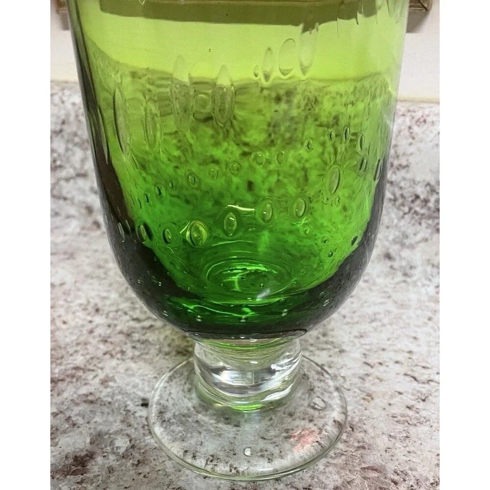 70’s Art Deco Hand Blown Controlled Bubble Apple Green & Clear Base Glass Vase